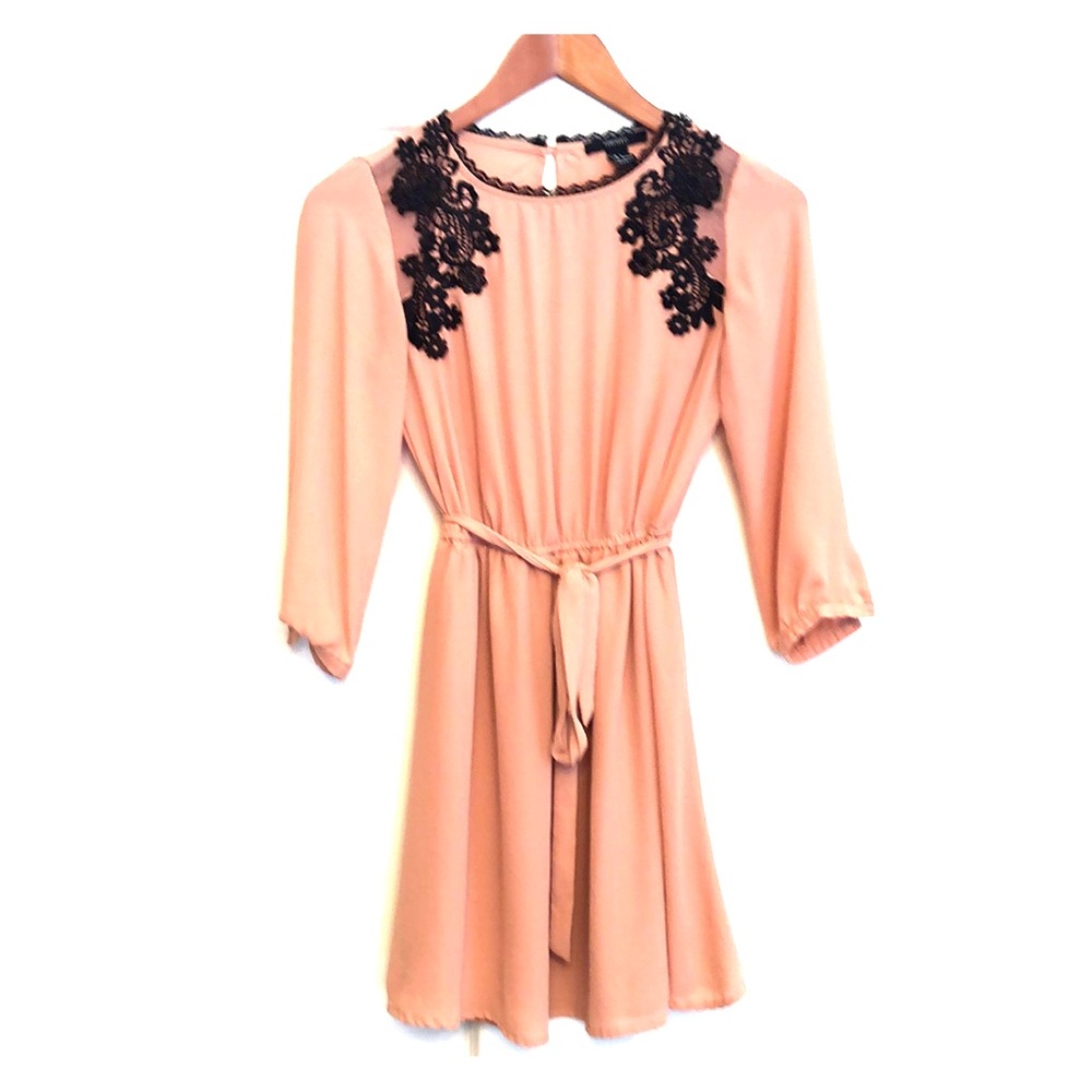 Blush dress with black lace & belt